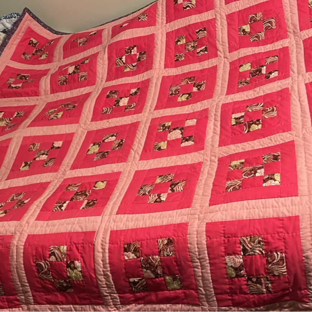 Homemade patchwork hand stitched quilt, 70”x70”